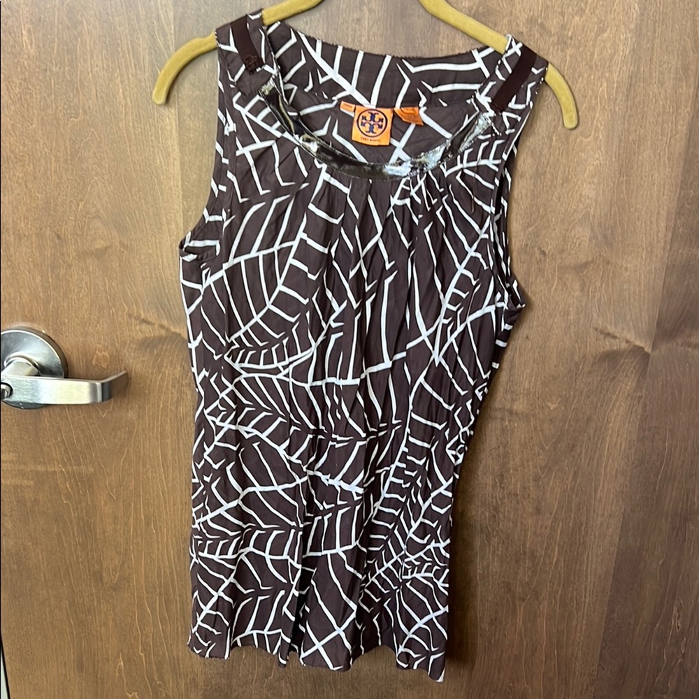 🤎 Tory Burch Sleeveless Cotton Top – Brown & White | Size 8